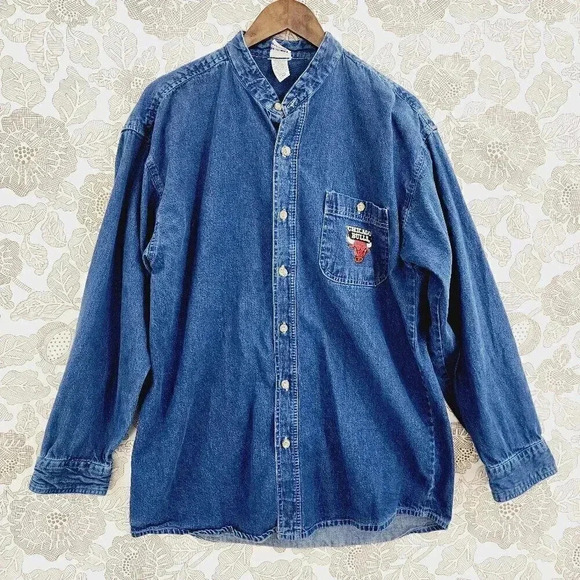 VTG True Fan Chicago Bulls Chambray Button up Long sleeve Men's Shirt L 1111
